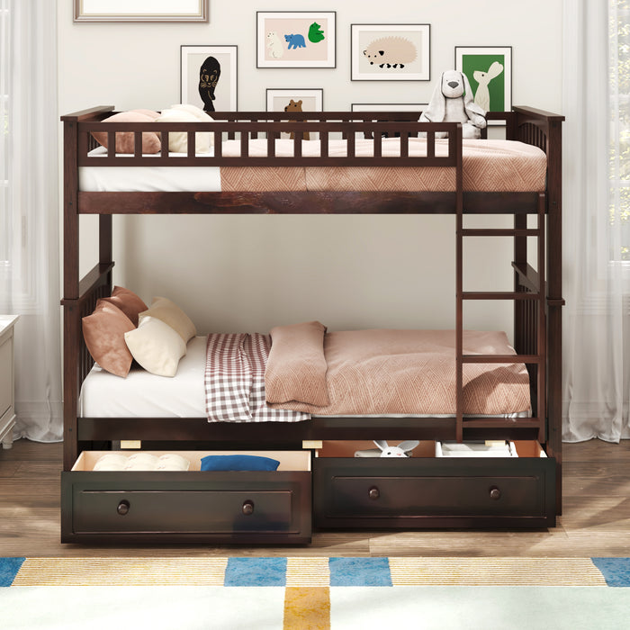 Twin over Twin Bunk Bed with Drawers, Convertible Beds, Espresso
