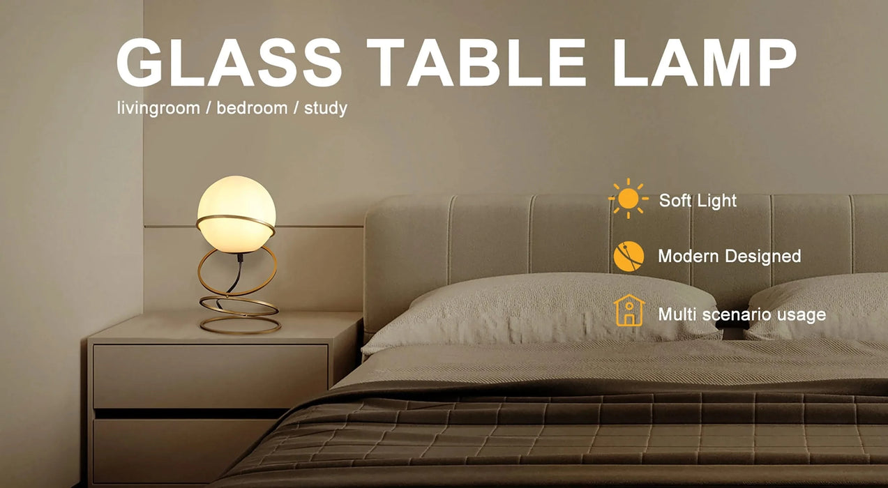 13.5' H Glass Globe Matte Gold Spiral 4 Ring Metal Stand Table Lamp for Living Room, Nightstand Bedside Table Lamp for Bedroom, LED Lamp Default -DTYStore