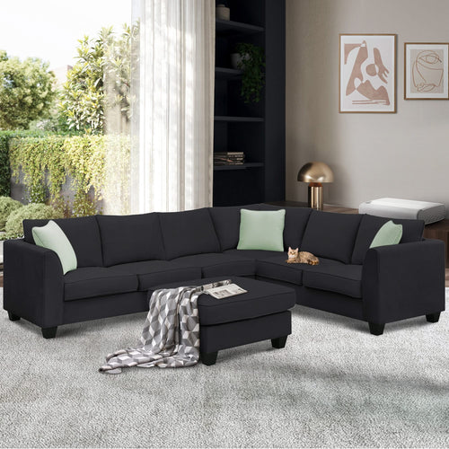 Modern Black L Shape Fabric Sectional Sofa with Ottoman and Pillows, 112*87 Inches, 7 Seats - Image 2
