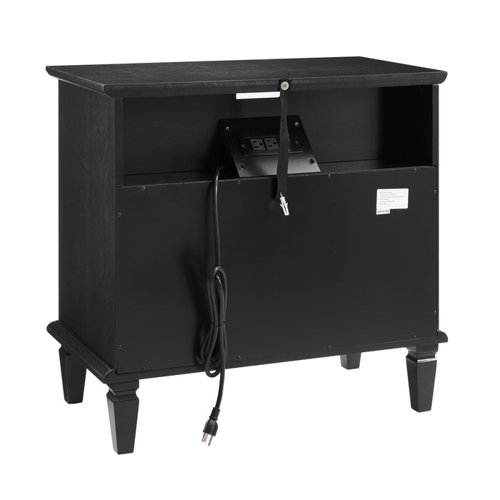 Open Space and 2 Drawers Dresser Nightstand with Charging Station, Farmhouse End Table with USB Ports and Outlets, Fluted Pilasters Design Side Table with Solid Wood Legs for Bedroom
