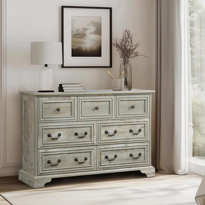 Farmhouse 7 Drawers Dresser for Bedroom, Rustic Chest of Drawers with Natural Texture, Vintage Design, Storage Dressers Organizer for Bedroom, Living Room, Hallway, Antique White - DTYStore