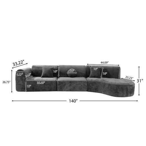 140' Modern Curved Sectional Sofa with High-Density Fully Compressed Sponge and Chaise Lounge, 3-Piece Set, Fully Assembled Right Hand Facing, Perfect for Living Room, Lounge Default -DTYStore