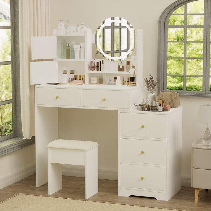 Fashion Vanity Desk with Mirror and Lights for Makeup and Cushioned Chair, Vanity Mirror with Lights and Table Set with 3 Color Lighting Brightness Adjustable,Dressing table, White Color - DTYStore
