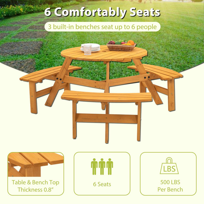 6-Person Circular Outdoor Wooden Picnic Table for Patio, Backyard, Garden, DIY w/ 3 Built-in Benches, 1720lb Capacity - Natural - DTYStore