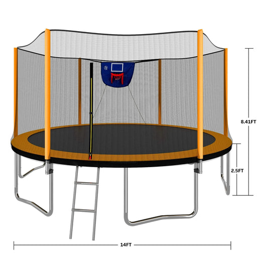 14FT Powder-coated Advanced Trampoline with Basketball Hoop Inflator and Ladder(Outer Safety Enclosure) Orange Default -DTYStore