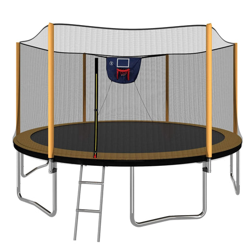 14FT Powder-coated Advanced Trampoline with Basketball Hoop Inflator and Ladder(Outer Safety Enclosure) Orange Default -DTYStore