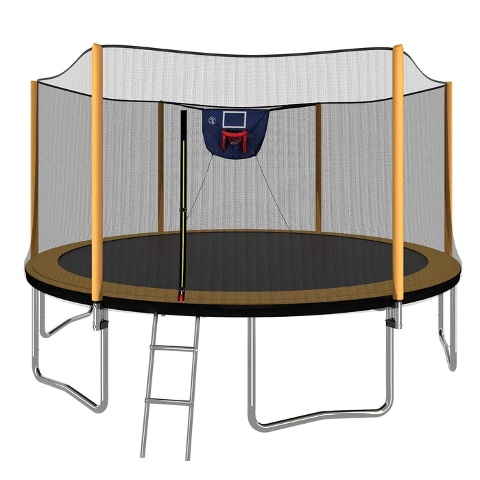 14FT Powder-coated Advanced Trampoline with Basketball Hoop Inflator and Ladder(Outer Safety Enclosure) Orange Default -DTYStore