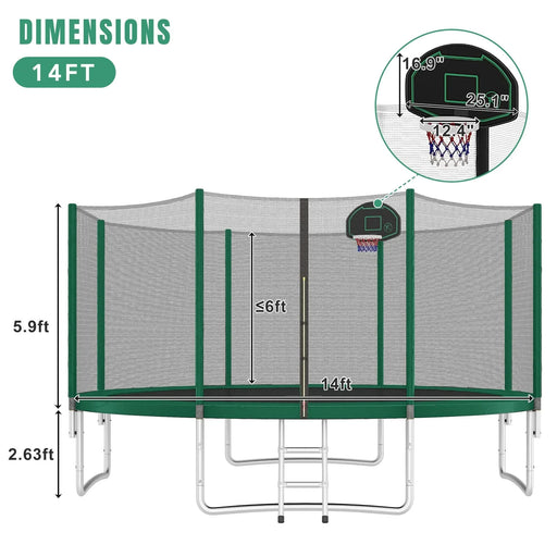 14FT Trampoline for Kids with Safety Enclosure Net, Basketball Hoop and Ladder, Easy Assembly Round Outdoor Recreational Trampoline Default -DTYStore