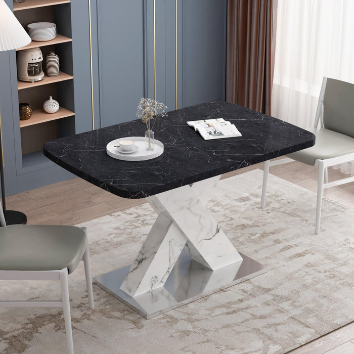 Modern Square Dining Table,Stretchable,Printed Black Marble Table Top+MDF White X-Shape Table Leg with Metal Base - DTYStore