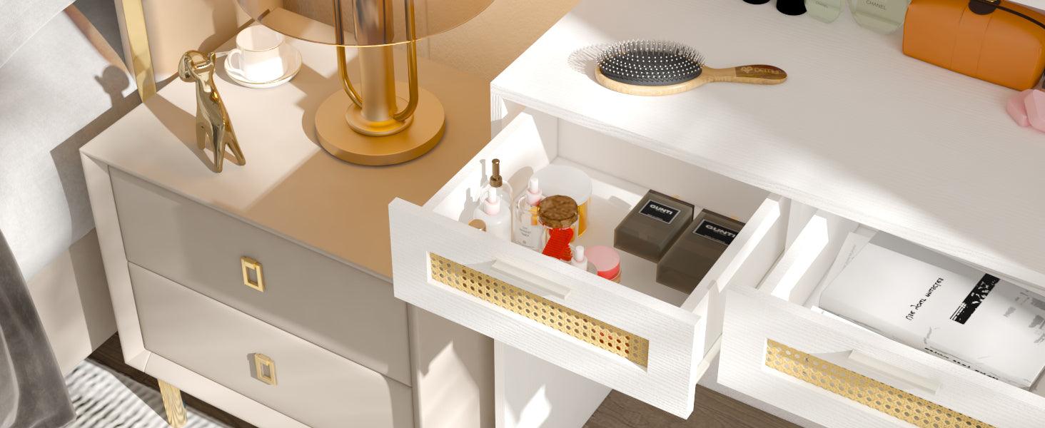 Makeup Vanity with Lights in 3 Colors & Openable Mirror, Vanity Desk with 4 Drawers & 1 Cabinets & Shelves, Vanity Table Rattan Vanity Dresser, for Bedroom - DTYStore