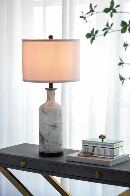 14x14x28.5' Sarris Tall Gray & White Swirl Glass Table Lamp w/ Linen Shade, Back Metal Base Default -DTYStore