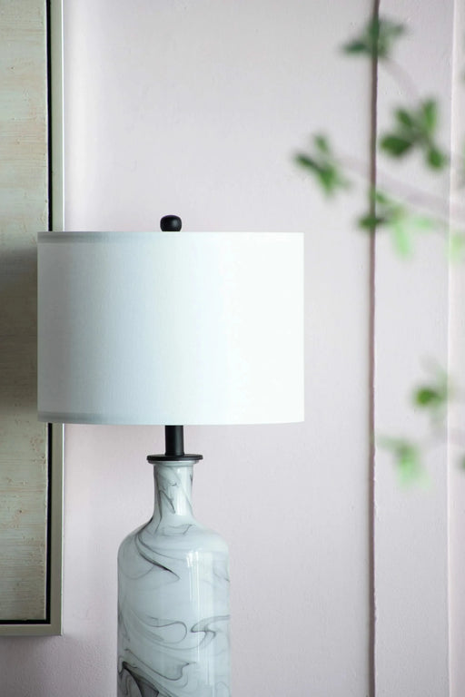 14x14x28.5' Sarris Tall Gray & White Swirl Glass Table Lamp w/ Linen Shade, Back Metal Base Default -DTYStore