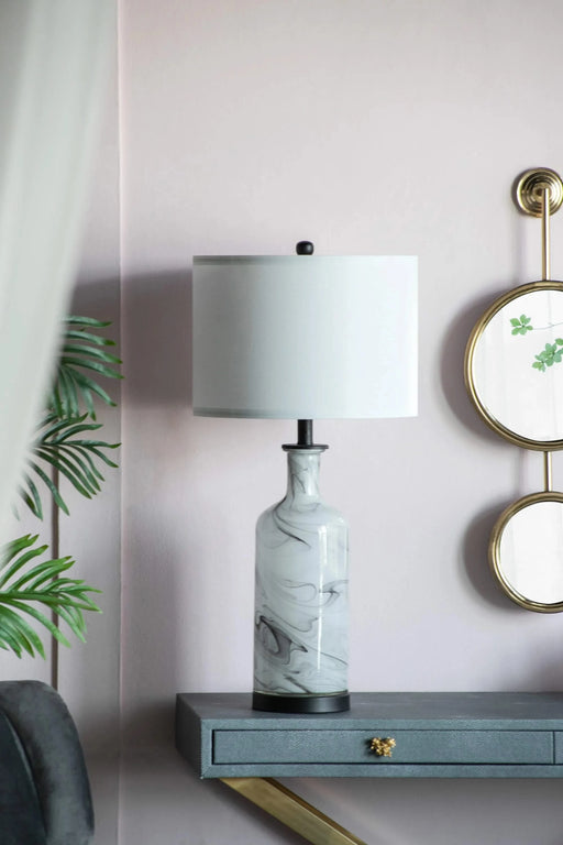 14x14x28.5' Sarris Tall Gray & White Swirl Glass Table Lamp w/ Linen Shade, Back Metal Base Default -DTYStore