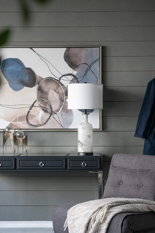 14x14x28.5' Sarris Tall Gray & White Swirl Glass Table Lamp w/ Linen Shade, Back Metal Base Default -DTYStore