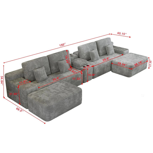 150''Width 5-piece Sectional Sofa with 2 Ottomans,Comfy U-shaped Sofa Couch for Living Room,Light Grey Plush Corduroy Fabric Default -DTYStore