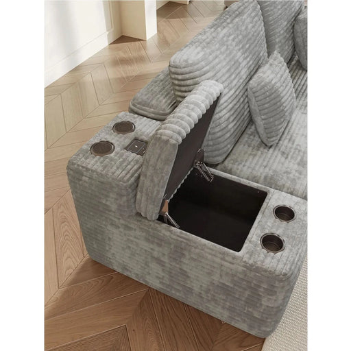 150''Width 5-piece Sectional Sofa with 2 Ottomans,Comfy U-shaped Sofa Couch for Living Room,Light Grey Plush Corduroy Fabric Default -DTYStore