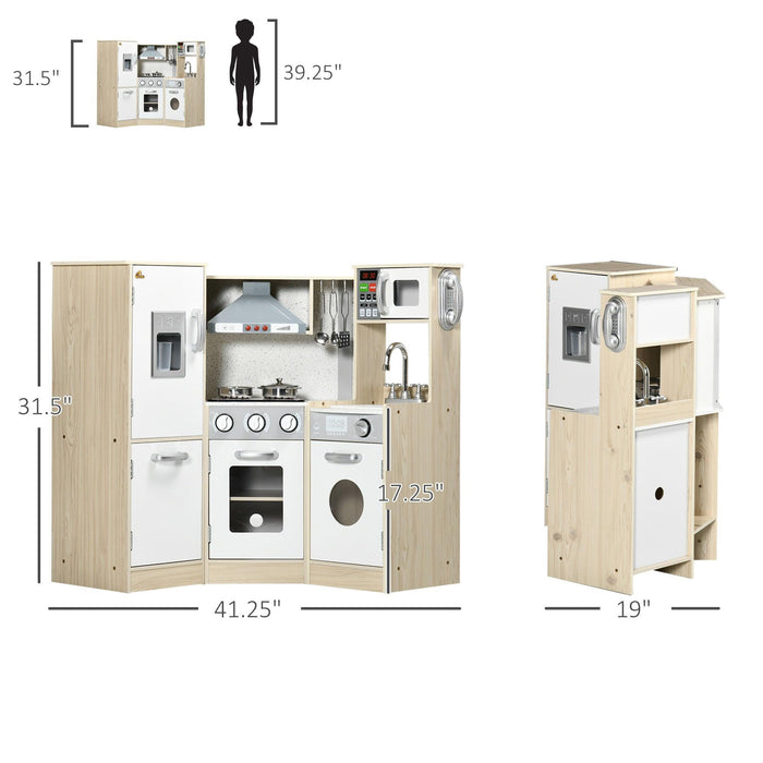 Ultra-Big Corner Kids Kitchen Playset with Sound Effects, Wooden Play Kitchen with Stainless Steel Cooking Toys, Imaginative Pretend Toy for Ages 3-6 with Phone, Ice Maker - DTYStore