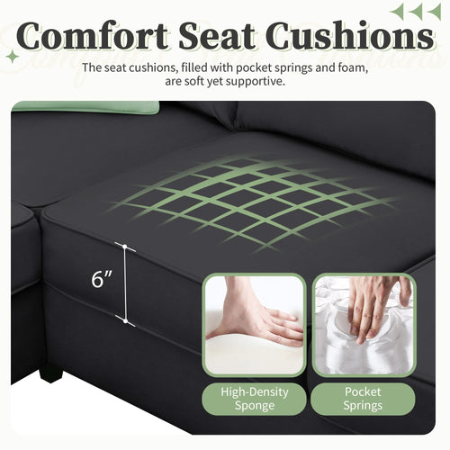 Modern Black L Shape Fabric Sectional Sofa with Ottoman and Pillows, 112*87 Inches, 7 Seats - Image 8