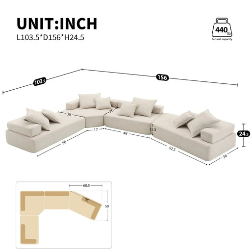 156''Oversized Modular U Shaped Sectional Sofa,Luxury Boucle Floor Couch Set,Convertible Compressed Couch,Spacious Foam-Filled Sofa for Living Room,4 PC Free Combination,2 Colors Default -DTYStore