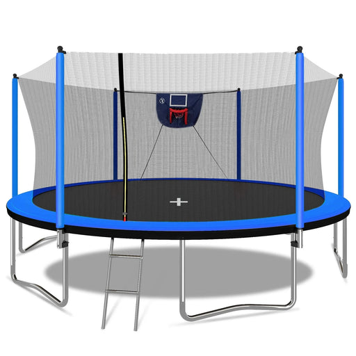 15FT Trampoline with Basketball Hoop Inflator and Ladder, 6pcs extra safety net pole sleeves- Blue Default -DTYStore