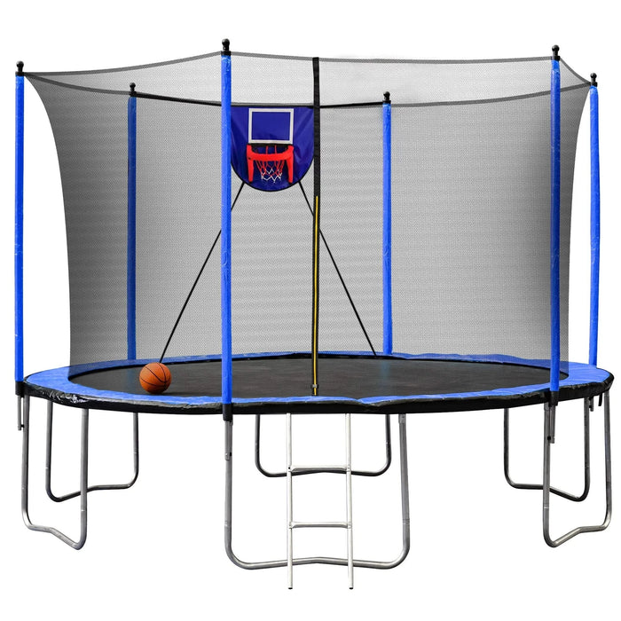 15FT Trampoline with Basketball Hoop Inflator and Ladder, 6pcs extra safety net pole sleeves- Blue Default -DTYStore