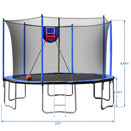 15FT Trampoline with Basketball Hoop Inflator and Ladder, 6pcs extra safety net pole sleeves- Blue Default -DTYStore