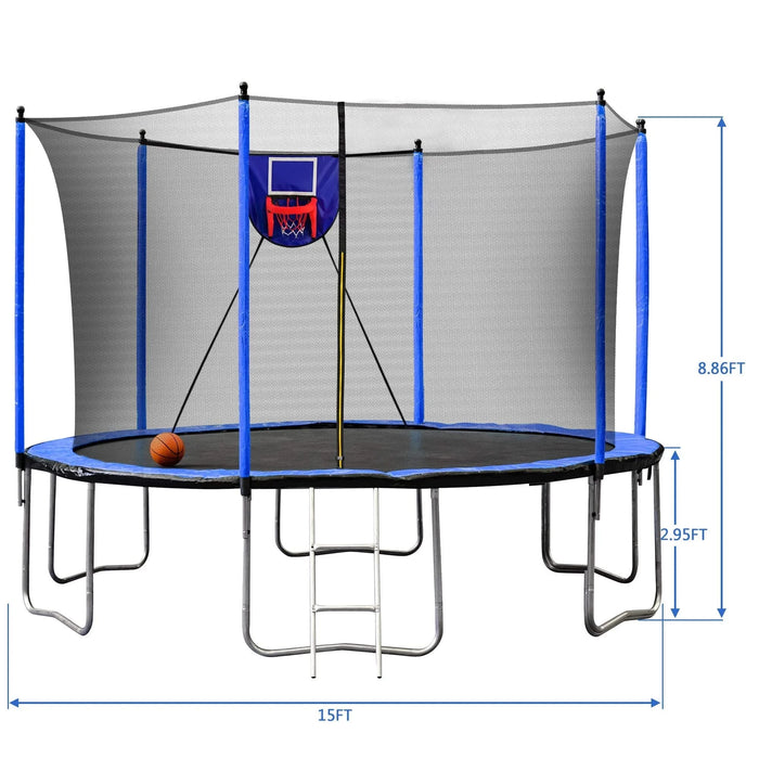 15FT Trampoline with Basketball Hoop Inflator and Ladder, 6pcs extra safety net pole sleeves- Blue Default -DTYStore