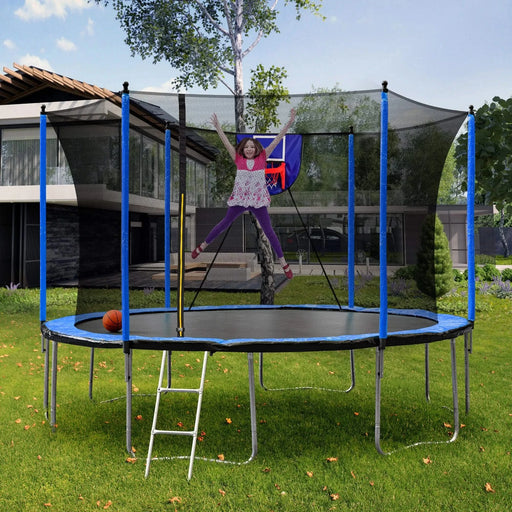 15FT Trampoline with Basketball Hoop Inflator and Ladder, 6pcs extra safety net pole sleeves- Blue Default -DTYStore
