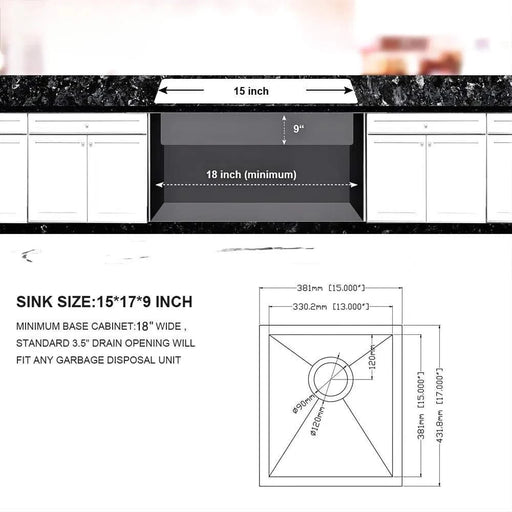 15 Inch Undermount Sink - 15' x 17' x 9' Undermount Stainless Steel Kitchen Sink 16 Gauge 9 Inch Deep Single Bowl Kitchen Sink Basin, Includes Drain Assembly (No Additional Accessories) Default -DTYStore