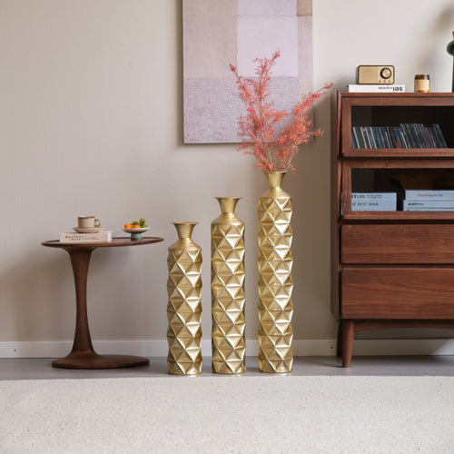 Metal Decorative Vase High Distress Metal Center Vase With 3D Triangle Pattern, Set Of 3 Vases for Home Decoration 33.5', 29.5', 25.2'High, Gold - Image 16