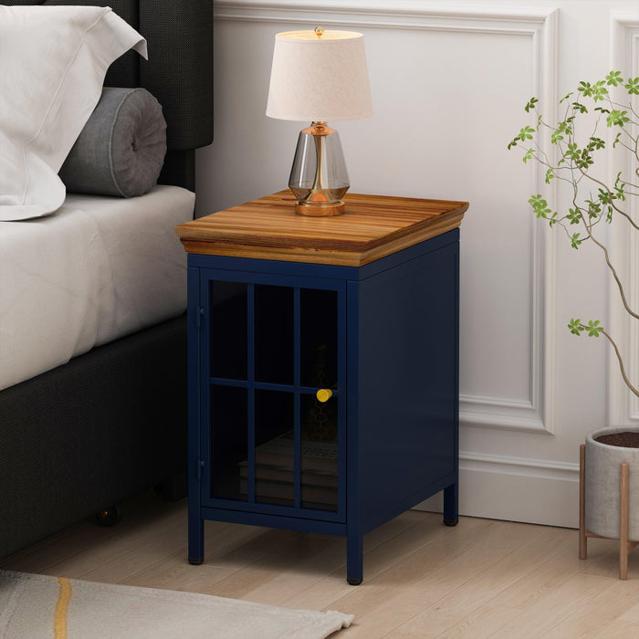 Nightstand with Storage Cabinet & Solid Wood Tabletop, Bedside Table, Sofa Side Coffee Table for Bedroom, Living Room, Dark Blue(Set of Two Pieces)