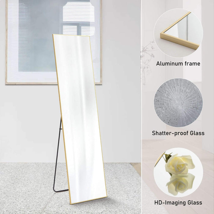 Floor Standing Mirror, Wall Mirror with Stand Aluminum Alloy Thin Frame,21''*64'',Gold-rect - DTYStore