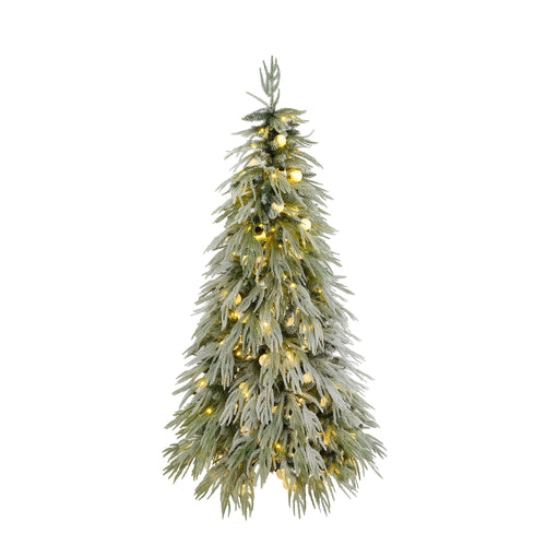 5FT Pre-Lit Spruce Snow Flocked Christmas Tree with LED Lights, Artificial Hinged Xmas Tree in White+Green, Made of PE and PVC, 59 Inches Tall - Image 1