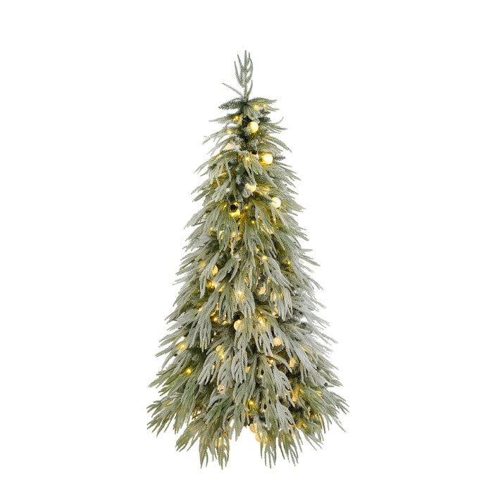 5FT Pre-Lit Spruce Snow Flocked Christmas Tree with LED Lights, Artificial Hinged Xmas Tree in White+Green, Made of PE and PVC, 59 Inches Tall