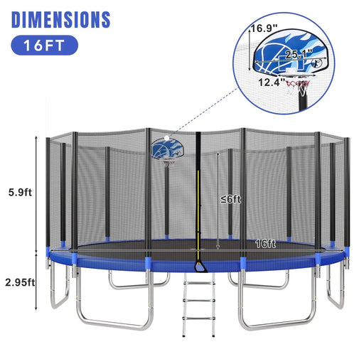 16FT Trampoline for Kids with Safety Enclosure Net, Basketball Hoop and Ladder, Easy Assembly Round Outdoor Recreational Trampoline Default -DTYStore