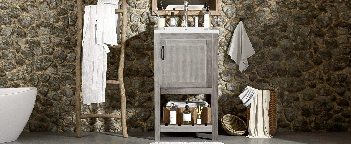 16' Bathroom Vanity Sink Combo for Small Space, Bathroom Sink Cabinet with Rectangular Ceramic Basin, Bathroom Vanities Cabinet with 1 Door and 1 Open Shelf Default -DTYStore