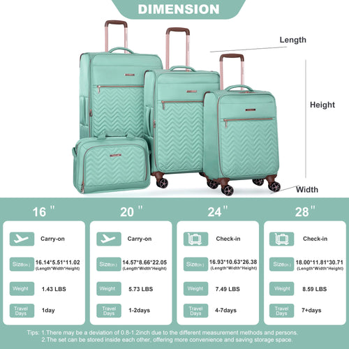 Softshell Suitcase Spinner Wheels Terylene Luggage Set Green 4-Piece Lightweight Durable - Image 3