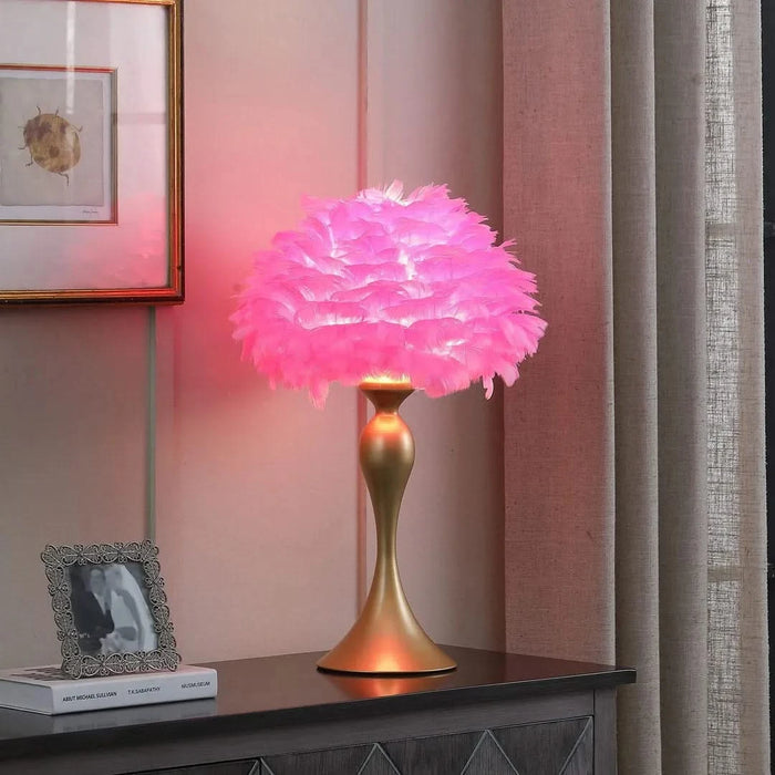 18.25'In Hot Pink Feather Aquina Satin Gold Metal Contour Glam Table Lamp Default -DTYStore