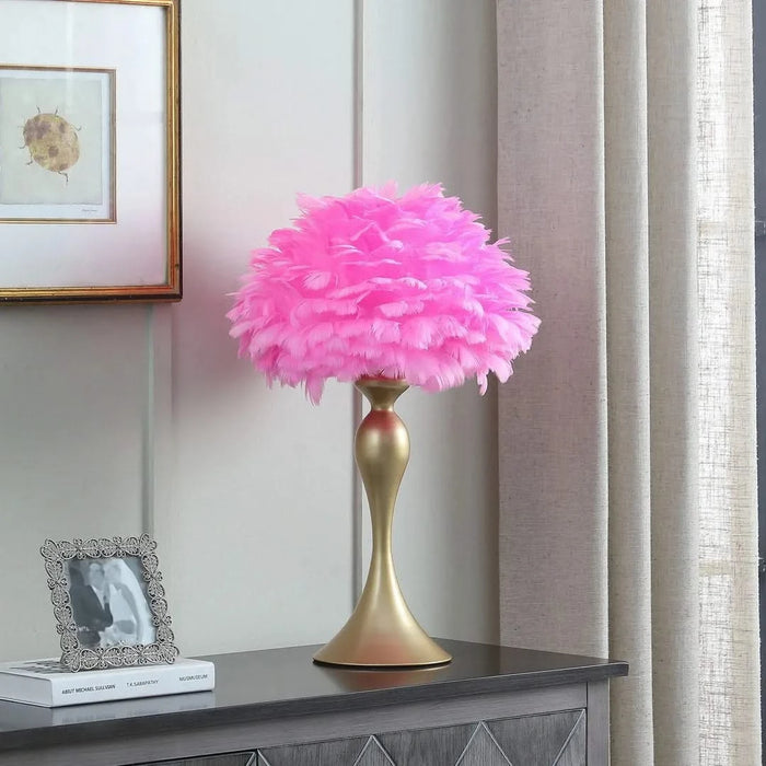 18.25'In Hot Pink Feather Aquina Satin Gold Metal Contour Glam Table Lamp Default -DTYStore
