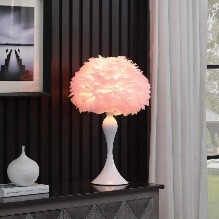 18.25'In Soft Pink Feather Aquina Crisp White Contour Glam Table Lamp Default -DTYStore