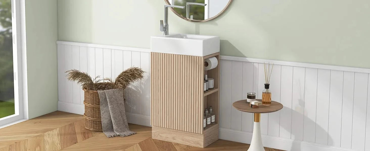 18.6' Bathroom Vanity with Sink, Bathroom Vanity Cabinet with Two-tier Shelf, Left or Right Orientation, Natural (Old Sku:WF308491AAN) Default -DTYStore