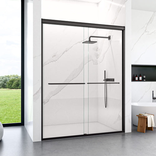 Modern Semi-Frameless Double Sliding Shower Door with Matte Black Finish, 1/4' SGCC Tempered Glass, 56'-60'W x 72'H - Image 4