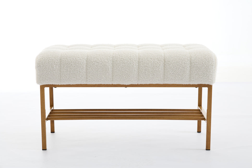 End of Bed Bench with Shelf, Teddy fabric Upholstered Storage Shoe Bench, Modern Bedroom Bench with Metal Legs for Living Room, Entryway, Dining Room, 300 LB, Linen Color(White)
