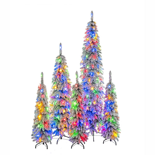 8FT, 6FT, 4FT x 3 Pre-Lit Pencil Christmas Trees, 5-set Slim Artificial Christmas Tree With Snow Flocking, Xmas Holiday Decoration Tree, 1820 Branch Tips, 350 LED Lights with 11 Lighting Modes - Image 13