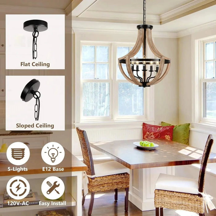 19' Farmhouse Chandelier Light Fixtures, 5-Light Dining Room Light Fixtures Over Table, Solid Wood Modern Chandeliers for Dining Room Living Room Kitchen Island Bedroom Foyer, Height Adjustable, Brown Default -DTYStore