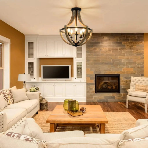 19' Farmhouse Chandelier Light Fixtures, 5-Light Dining Room Light Fixtures Over Table, Solid Wood Modern Chandeliers for Dining Room Living Room Kitchen Island Bedroom Foyer, Height Adjustable, Brown Default -DTYStore