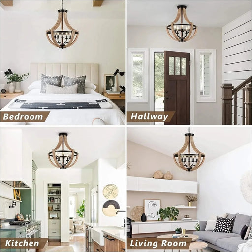 19' Farmhouse Chandelier Light Fixtures, 5-Light Dining Room Light Fixtures Over Table, Solid Wood Modern Chandeliers for Dining Room Living Room Kitchen Island Bedroom Foyer, Height Adjustable, Brown Default -DTYStore