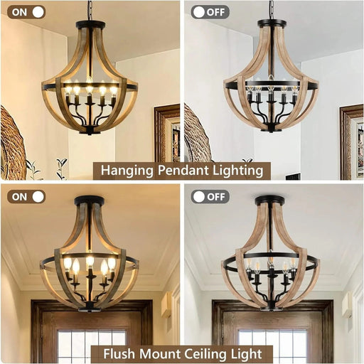 19' Farmhouse Chandelier Light Fixtures, 5-Light Dining Room Light Fixtures Over Table, Solid Wood Modern Chandeliers for Dining Room Living Room Kitchen Island Bedroom Foyer, Height Adjustable, Brown Default -DTYStore