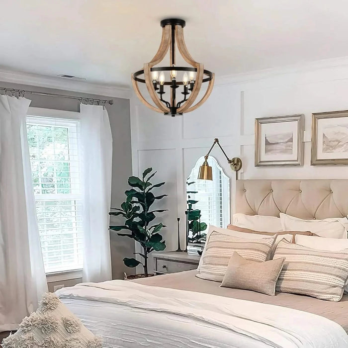 19' Farmhouse Chandelier Light Fixtures, 5-Light Dining Room Light Fixtures Over Table, Solid Wood Modern Chandeliers for Dining Room Living Room Kitchen Island Bedroom Foyer, Height Adjustable, Brown Default -DTYStore