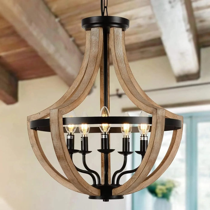 19' Farmhouse Chandelier Light Fixtures, 5-Light Dining Room Light Fixtures Over Table, Solid Wood Modern Chandeliers for Dining Room Living Room Kitchen Island Bedroom Foyer, Height Adjustable, Brown Default -DTYStore